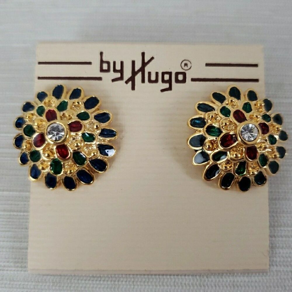 Hugo Enamel Earrings Pierced Gold Tone Clear Rhinestone VTG Revival Etruscan